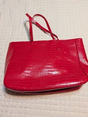 Red Croc-Embossed Tote Bag with Double Shoulder Straps